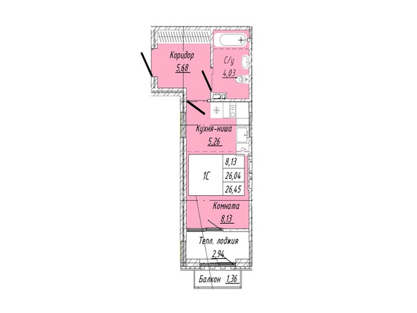 Планировка 1-комн 26,45 м²