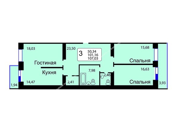 Б/С - 11. Планировка трехкомнатной квартиры 107,03 кв.м. Этажи 10-16.