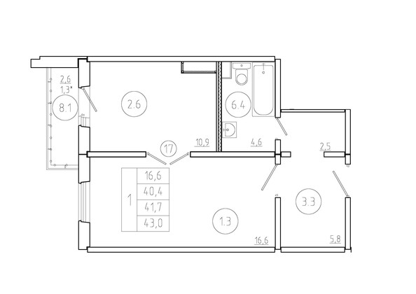 Планировка 1-комн 41,7 м²