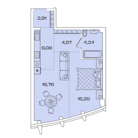 Планировка 1-комн 49,76 м²