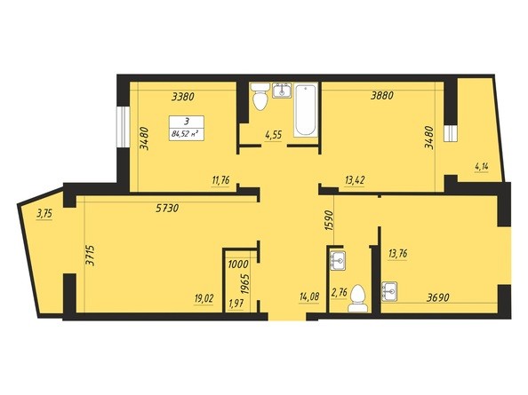 Планировка трехкомнатной квартиры 84,52 кв.м