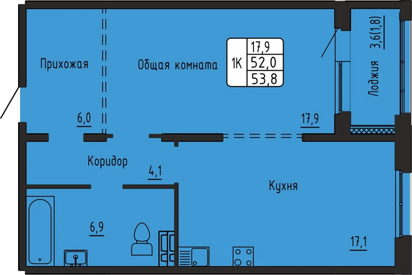 Планировка 1-комн 53,6 м²