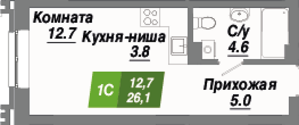 Планировка 1-комн 26,1, 26,2 м²