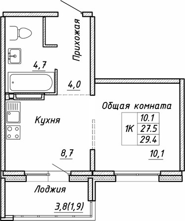 Планировка 1-комн 29,4 м²