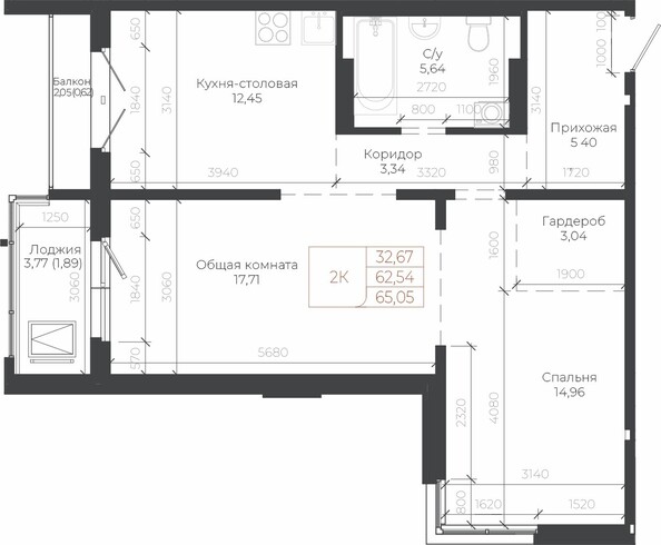 Планировка 2-комн 65,05 м²