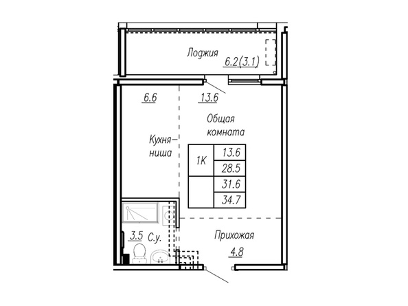 Планировка 1-комн 34,7 м²