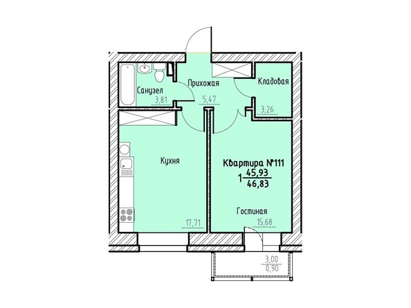 Планировка однокомнатной квартиры 46,83 кв.м