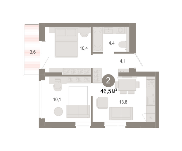 Планировка 2-комн 46,49, 46,51 м²