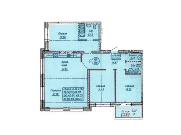Планировка 4-комнатной квартиры 112,15 кв.м