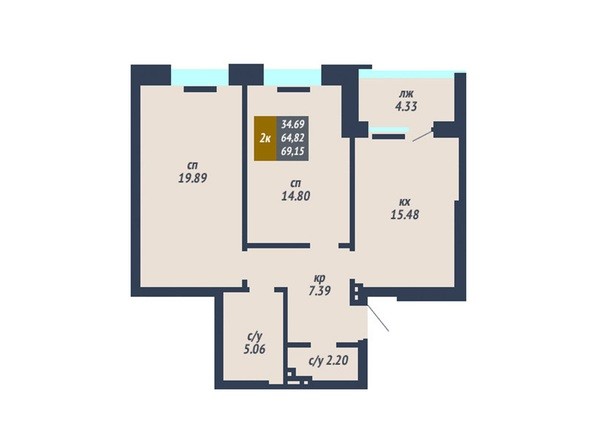 Планировка 2-комнатной квартиры 64,82 кв.м