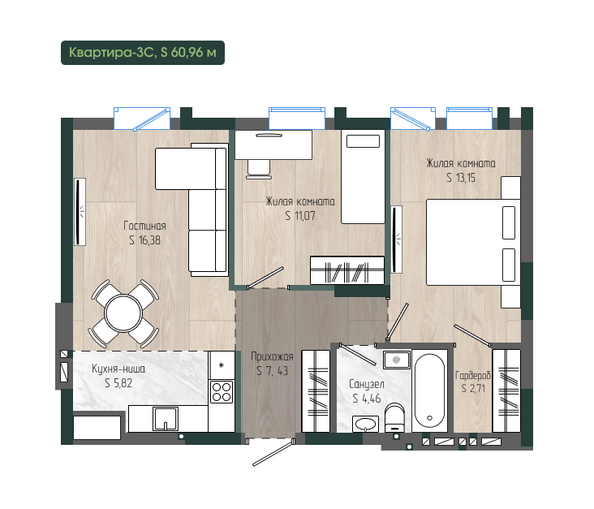 Планировка 3-комн 60,96 м²