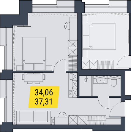 Планировка 1-комн 37,07, 37,31 м²