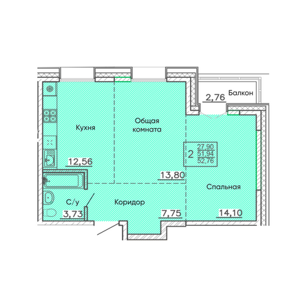 Планировка 2-комн 52,66, 52,76 м²