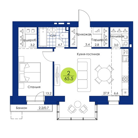 Планировка 2-комн 65,5 м²