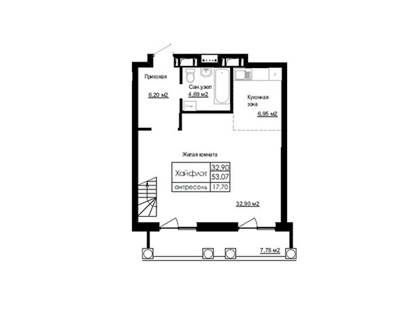Планировка двухкомнатной квартиры 53,07 кв.м. Уровень 1