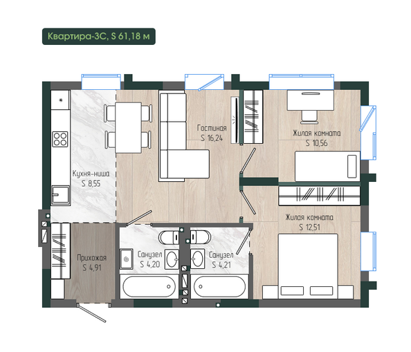 Планировка 3-комн 61,18 м²