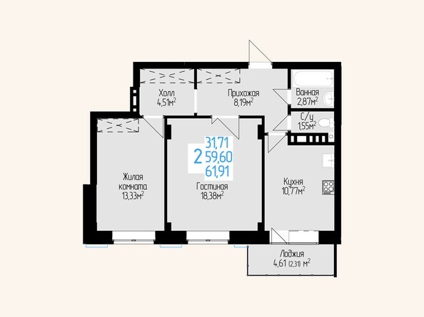 Планировка двухкомнатной квартиры 59,6 кв.м