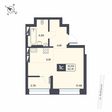 Планировка 1-комн 32,41 м²