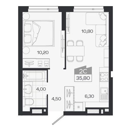 Планировка 2-комн 35,8 м²