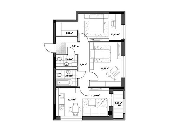 Планировка 2-комн 68,98 м²