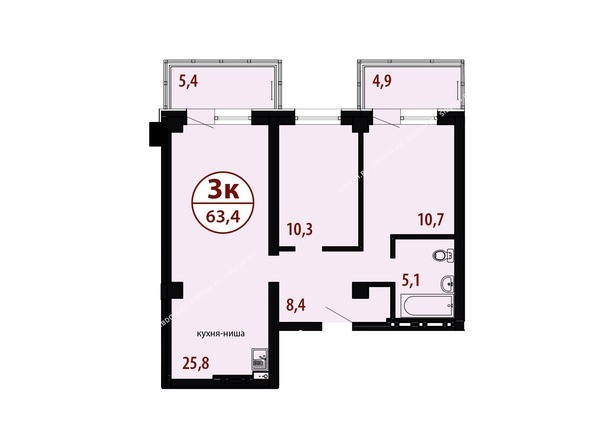 Секция №2. Планировка трехкомнатной квартиры 63,4 кв.м