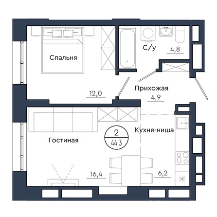 Планировка 2-комн 44,3 м²