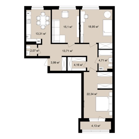 Планировка 3-комн 104,74, 104,88 м²