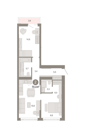 Планировка 2-комн 70,35 м²