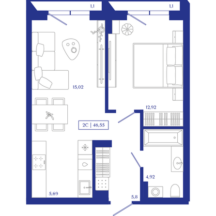 Планировка 1-комн 46,55 м²