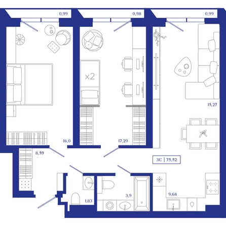 Планировка 3-комн 75,52 м²