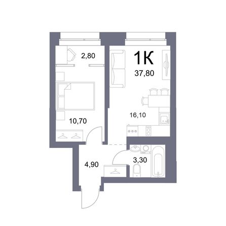 Планировка 1-комн 37,8, 37,9 м²