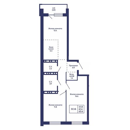 Планировка 3-комн 63,6 - 63,8 м²