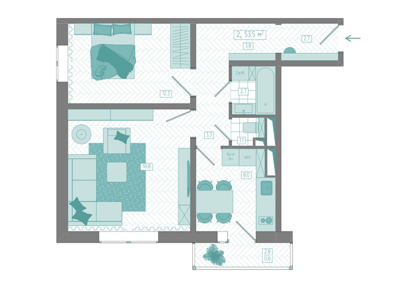 Планировка 2-комн 53,5 м²