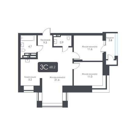 Планировка 3-комн 68,2 - 69,2 м²
