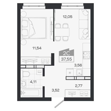 Планировка 2-комн 37,55 м²