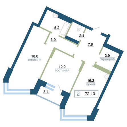 Планировка 2-комн 72,1, 72,9 м²