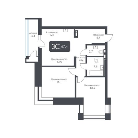 Планировка 3-комн 67,4, 67,6 м²