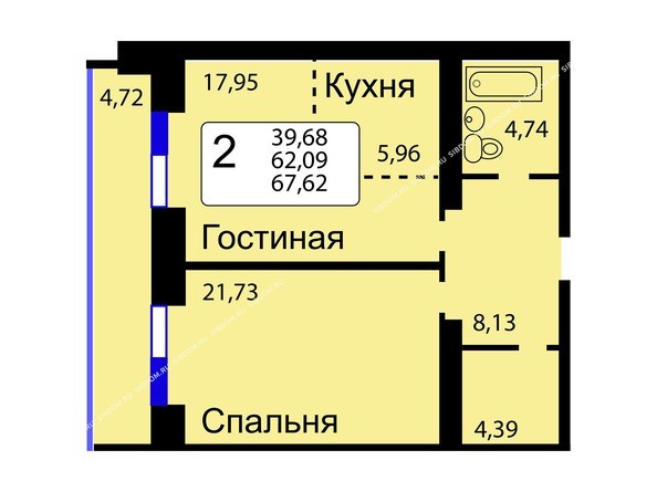 Б/С - 13. Планировка двухкомнатной квартиры 67,62 кв.м. Этажи 10-16.