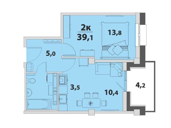 2-комнатная 39.1 кв.м