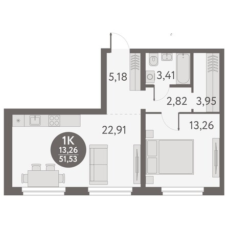 Планировка 1-комн 51,53 м²
