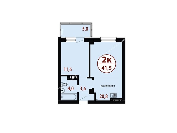 Секция №2. Планировка двухкомнатной квартиры 41,5 кв.м