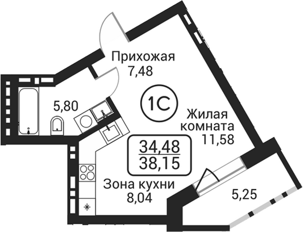 Планировка Студия 32,16, 32,9 м²