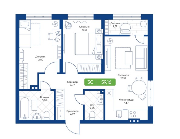 Планировка 3-комн 59,16 м²
