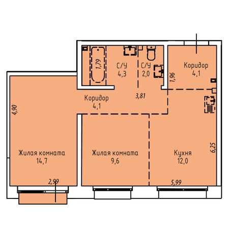 Планировка 2-комн 49,1 - 51,7 м²