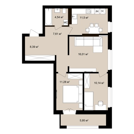 Планировка 3-комн 73,62 - 74,41 м²