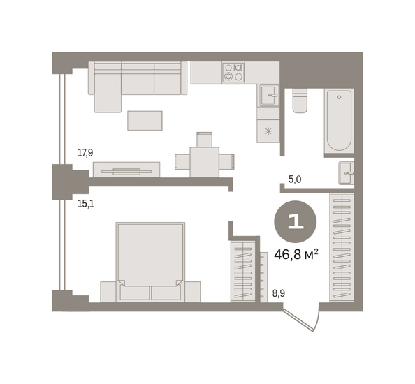 Планировка 1-комн 46,84, 46,94 м²