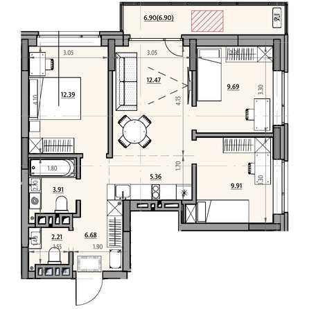Планировка 3-комн 69,5 м²