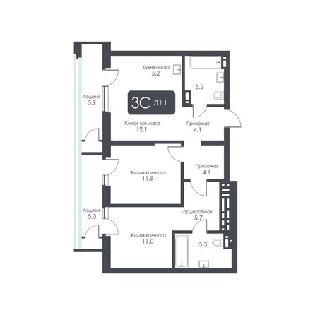 Планировка 3-комн 70,1, 70,2 м²