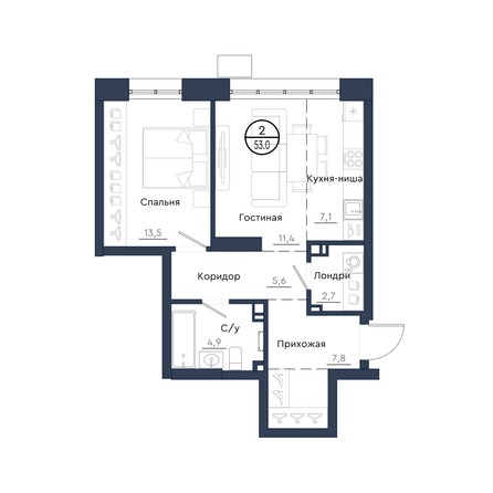 Планировка 2-комн 53 м²