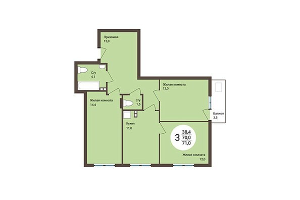 Планировка 3-комнатной квартиры 71,0 кв.м